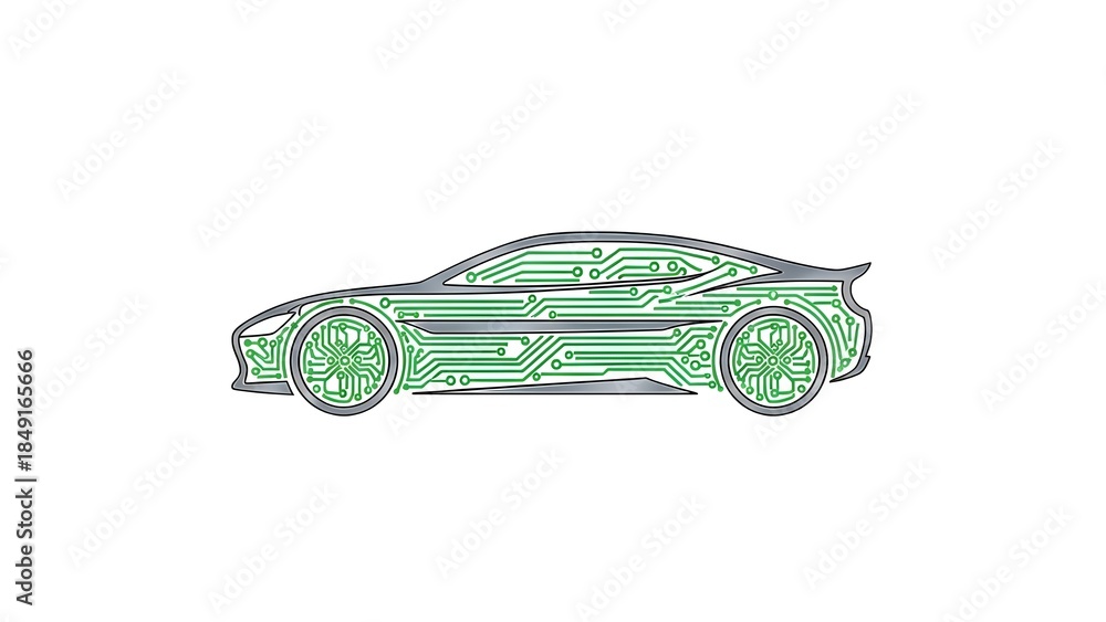 Naklejka premium Complete silhouette of a modern car rendered in green circuit board lines, showcasing advanced electronic vehicle technology and automation.