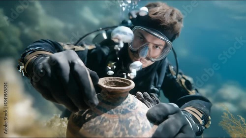 A marine archaeologist brushing sand off an ancient amphora underwater, revealing patterns untouched for centuries — underwater excavation, ocean history discovery, and archaeological exploration.