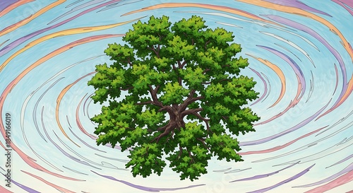 Vibrant Green Tree Against a Swirling Abstract Sky.