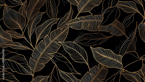 Gold Line Art Leaves on Black Background for Elegant Design