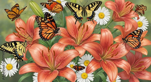Vibrant Lilies and Butterflies in a Lush Garden Setting.