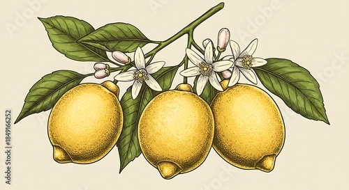 Vibrant Lemon Branch with Blossoms and Fruit.