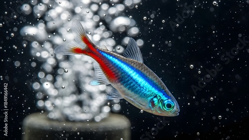 Tableau sur toile Vibrant Neon Tetra Swimming in Aquarium Water.