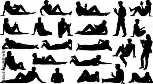 Silhouettes of people sitting and lying down reading  various relaxed poses