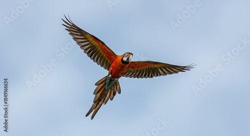 Vibrant Scarlet Macaw Soaring Gracefully Through Clear Blue Sky.