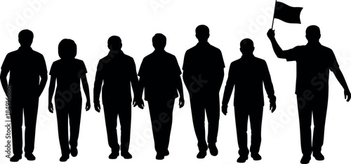 silhouettes of people walking with one holding a flag