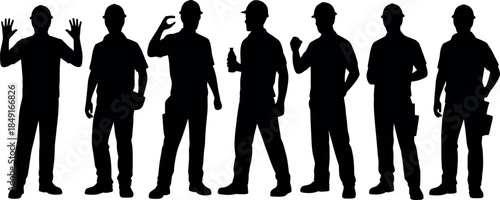 Silhouettes of Seven People in Different Poses on Transparent Background