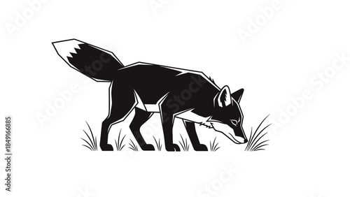 Minimalistic Black and White Illustration of a Curious Fox Exploring Nature