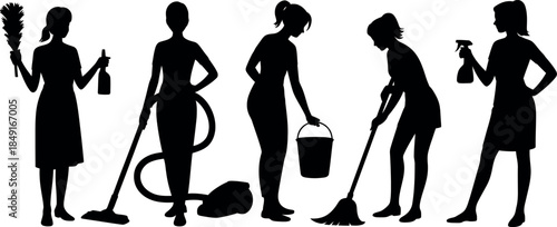 Silhouettes of Women Cleaning and Holding Items in Various Poses