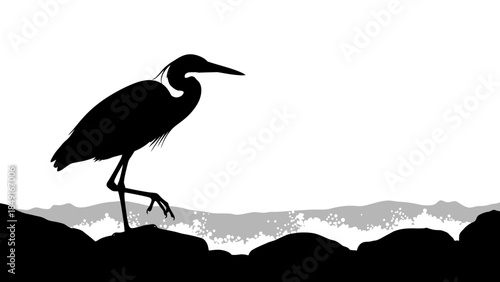 Silhouette of a heron standing on rocks near water with a minimalist black and white design