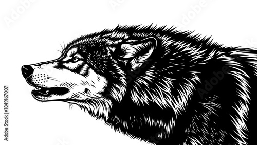 Detailed black and white illustration of a fierce snarling wolf in profile highlighting fur