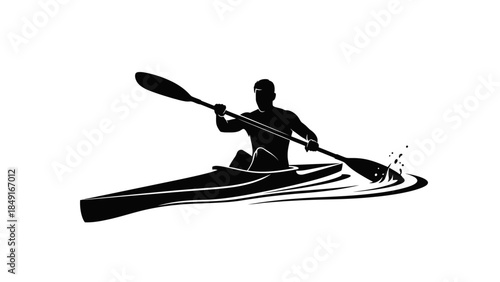 Silhouette of a person paddling a kayak through calm water for outdoor adventure and water sport