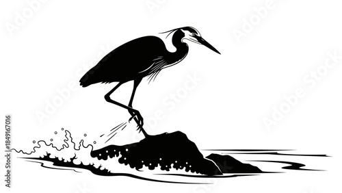 Silhouette of a heron standing on a rock by the water in a minimalistic monochrome design