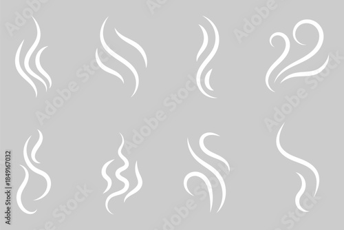 Smoke steam icon set vector hot aroma heat design. Doodle smoke icons set. Water steam symbols. Hand drawn hot vapors. Line air smell symbols. Doodle fire smoke icons.