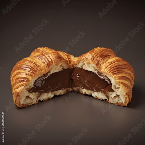 Croissant filled with chocolate, cut open with visible layers, isolated on dark background