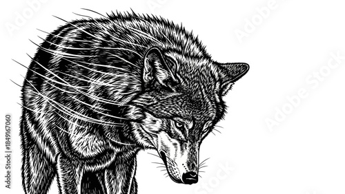 Intricate black and white illustration of a cunning fox in detailed line art style for nature
