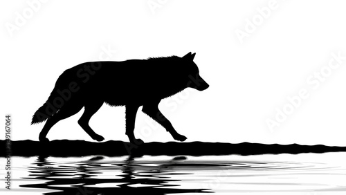 Silhouette of a lone wolf walking along a riverbank with reflections on water at dusk