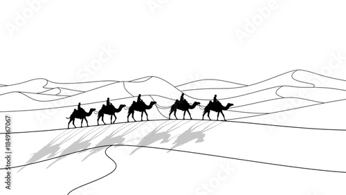 Minimalist Line Drawing of a Camel Caravan Traversing Arid Desert Landscape with Shadows and