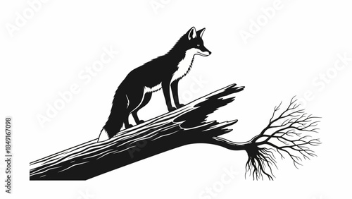 Stylized black and white silhouette of a fox perched on a fallen tree with exposed roots in