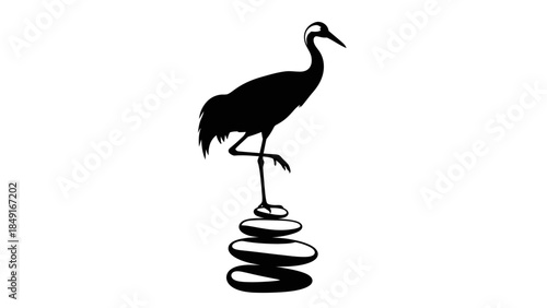 Minimalist silhouette of a heron standing on a coiled spring with a plain white background