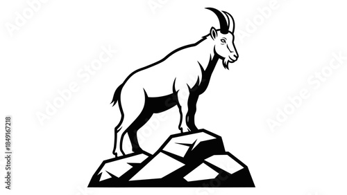 Minimalist black and white depiction of a mountain goat standing on rocky terrain symbolizing