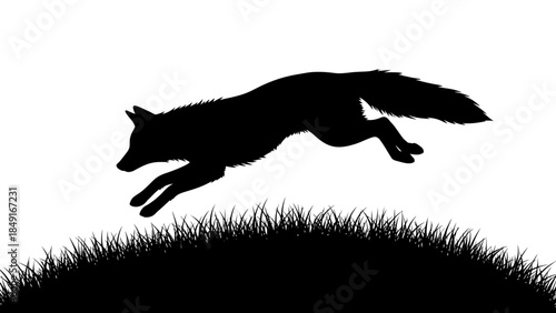 Silhouette of a Running Fox Leaping Over Grass with Dynamic Motion and Contrast in Black and White