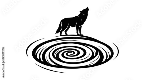 Sleek black silhouette of howling wolf standing over swirling water design illustrating wilderness