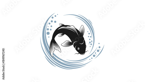Stylized black and white koi fish illustration with swirling water effects for artistic design
