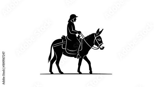 Silhouette of a person riding a horse with a hat and riding gear in a minimalistic black and white