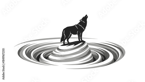 Majestic howling wolf standing triumphantly on a rocky island surrounded by rippling water