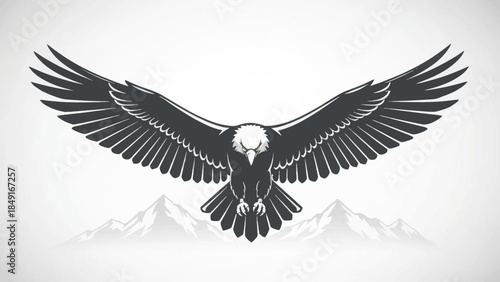 Majestic soaring eagle emblazoned with powerful wings above mountain peaks in monochrome style