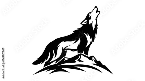 Powerful black and white silhouette of a howling wolf standing on rugged rocky terrain symbolizing