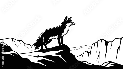 Stylized black and white illustration of a fox standing on rocky terrain amidst a mountainous