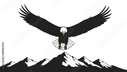 Majestic bald eagle soaring above mountain range with outstretched wings