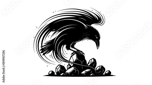 Dynamic black and white illustration of a fierce eagle rising from rocky terrain symbolizing