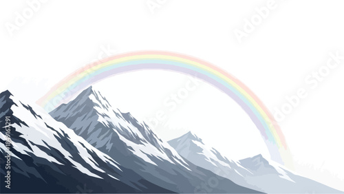 Majestic snow capped mountain range under a vibrant rainbow arc against a bright white sky background illustration