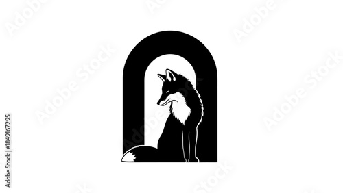 Minimalist black and white silhouette of a fox within an arch shape on white background
