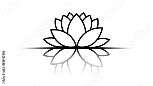 Minimalist black and white lotus flower line art with reflection on clean background