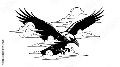 Majestic black and white eagle with outstretched wings soaring amidst dynamic cloud formations in