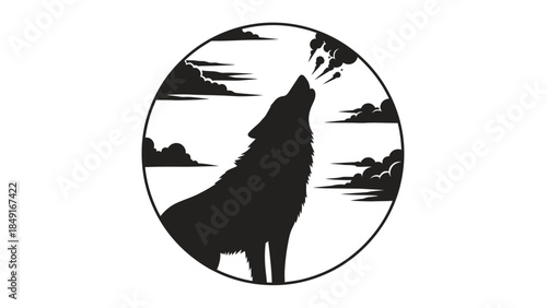 Silhouette of howling wolf in a circular moonlit landscape emphasizing wilderness and nocturnal