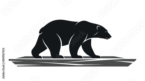 Minimalist Black and White Illustration of a Bear Walking on a Log with Simple Detailing