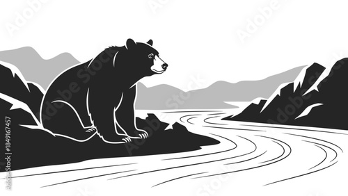 Serene black and white illustration of a sitting bear in a tranquil mountain landscape with