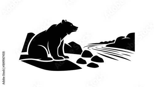 Silhouette of a bear sitting on a rock by a flowing river in a minimalist monochrome style