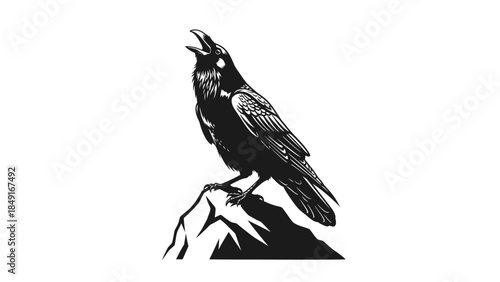 Black and White Illustration of a Bird Perched on a Rocky Outcrop with its beak open