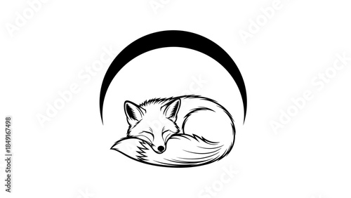 Minimalist black and white line art of a sleeping fox nestled under a crescent moon capturing