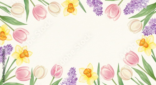 Watercolor Spring Flowers Frame with Tulips, Daffodils, and Hyacinths.