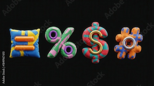 Colorful 3D symbols representing finance and currency on black