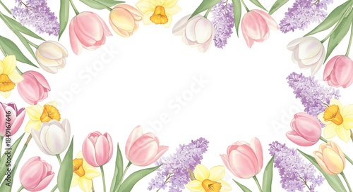 Watercolor Spring Flowers Frame with Tulips Daffodils and Hyacinths.