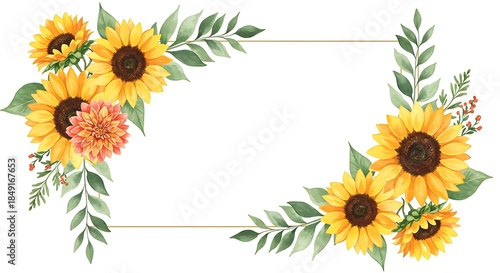 Watercolor Sunflower and Dahlia Floral Frame with Green Leaves.