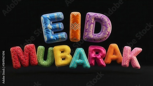 Vibrant Eid Mubarak greeting with colorful fabric letters on black background